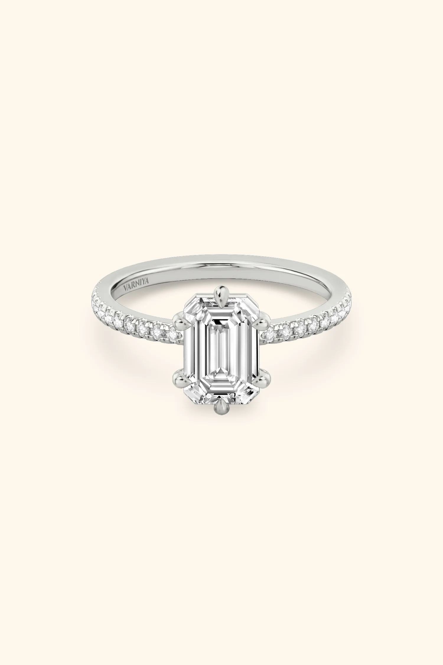6 Prong Classic Grace with Emerald Solitaire Pavé Ring - Image 6