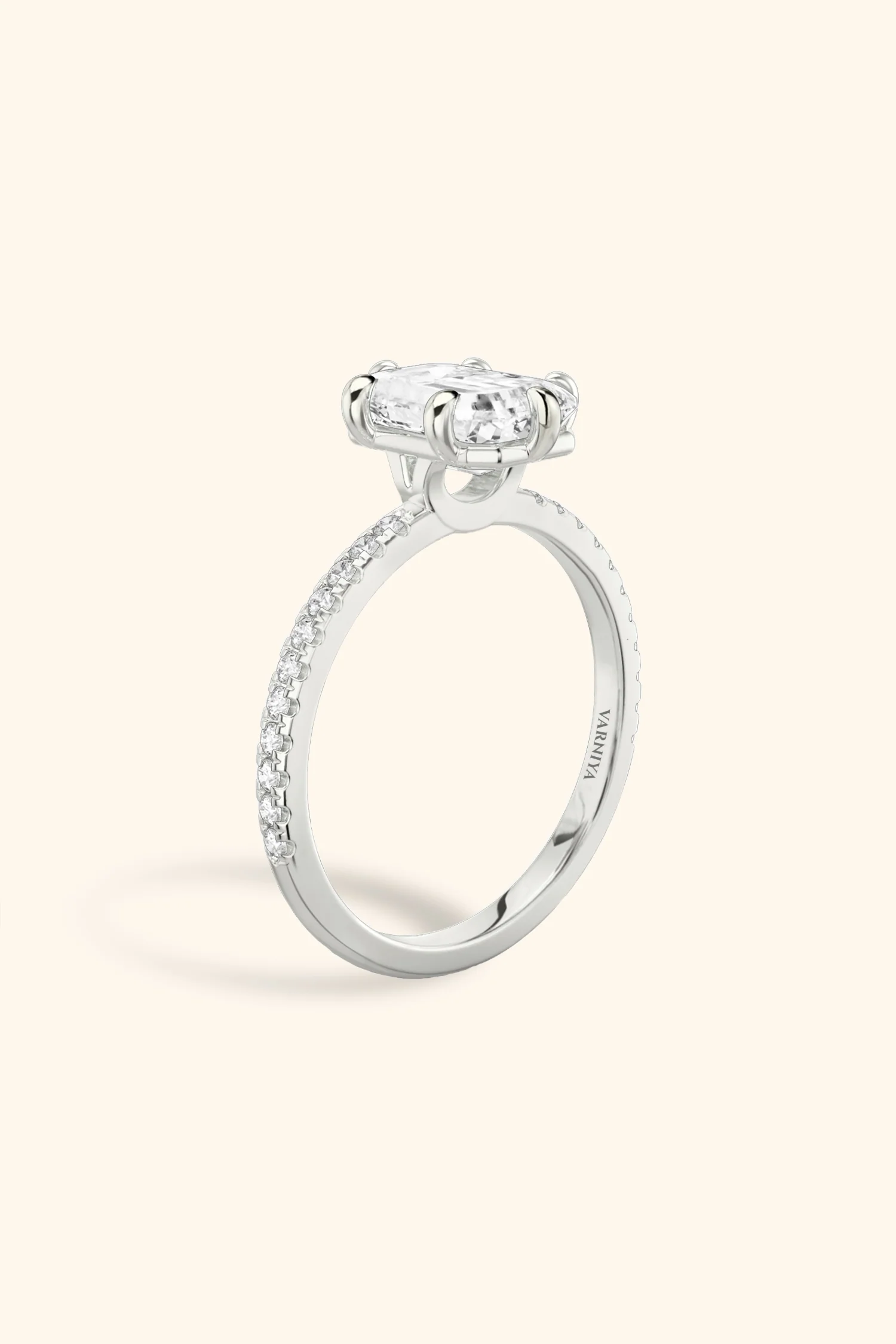 6 Prong Classic Grace with Emerald Solitaire Pavé Ring - Image 4