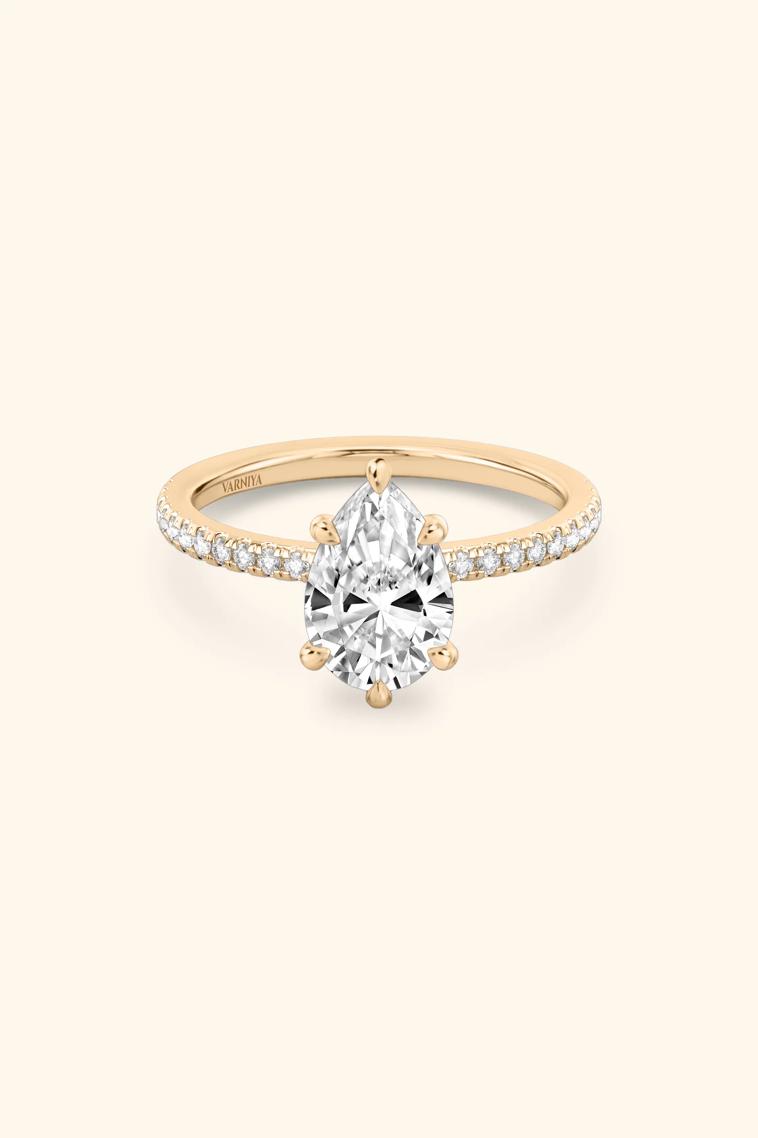 6 Prong Classic Pear Solitaire Pavé Ring - Image 9