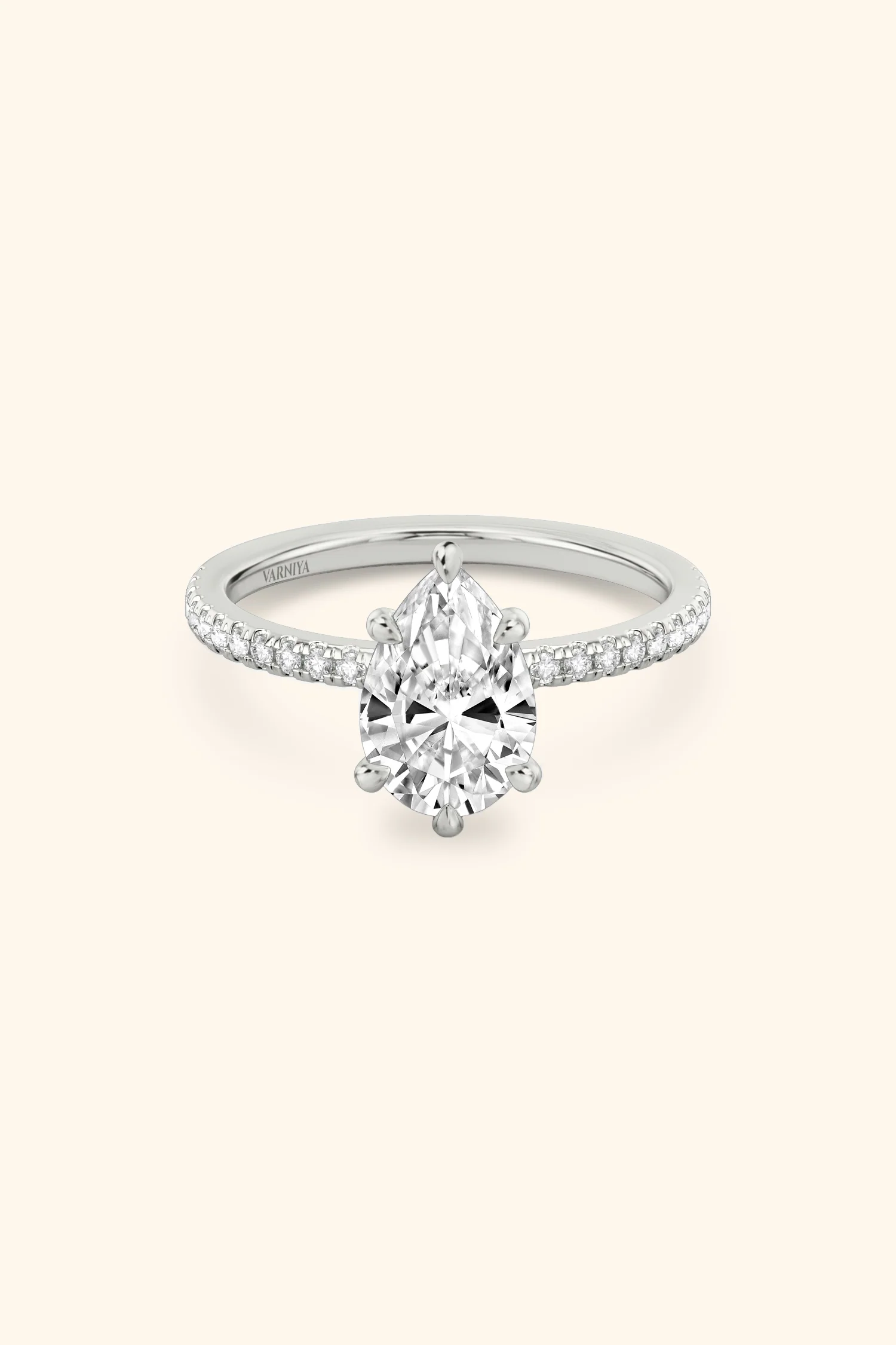 6 Prong Classic Pear Solitaire Pavé Ring - Image 6